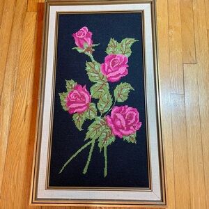 Vintage Large Framed Floral Needlepoint, Needlework, Embroidered Art